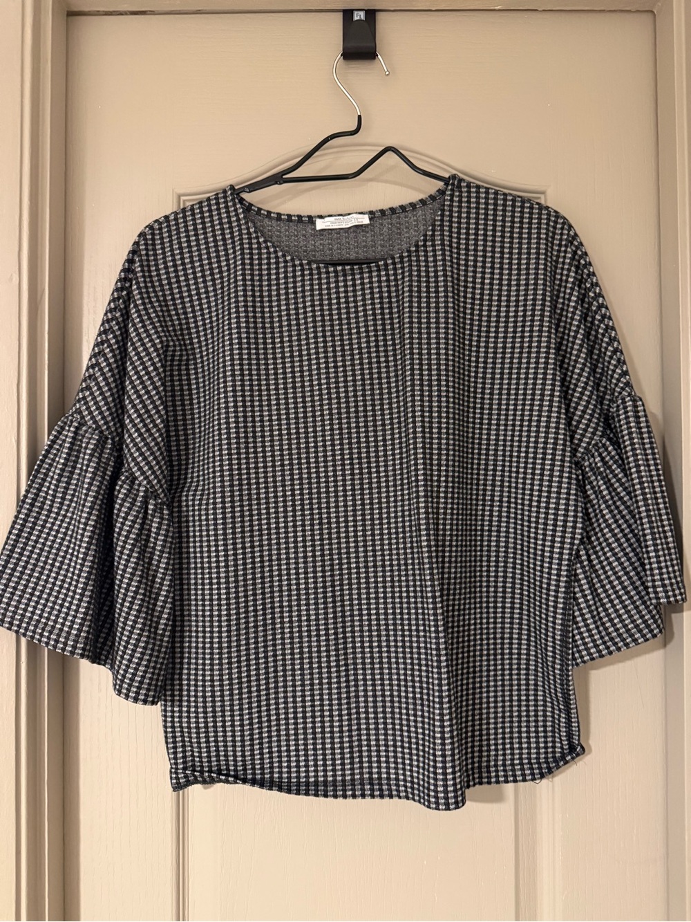 Zara Black & White Gingham Bell Sleeve Top